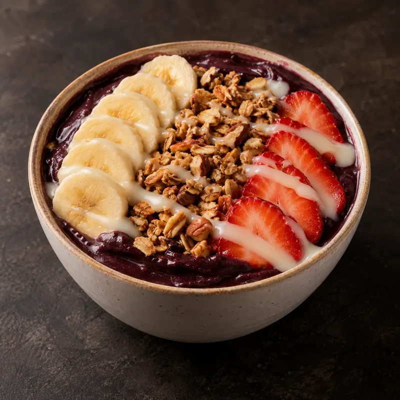 Açaí com banana, morango, granola e leite condensado